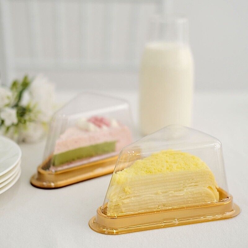 50 Gold Clear Triangle Cake Slice Boxes Plastic FAVOR HOLDERS