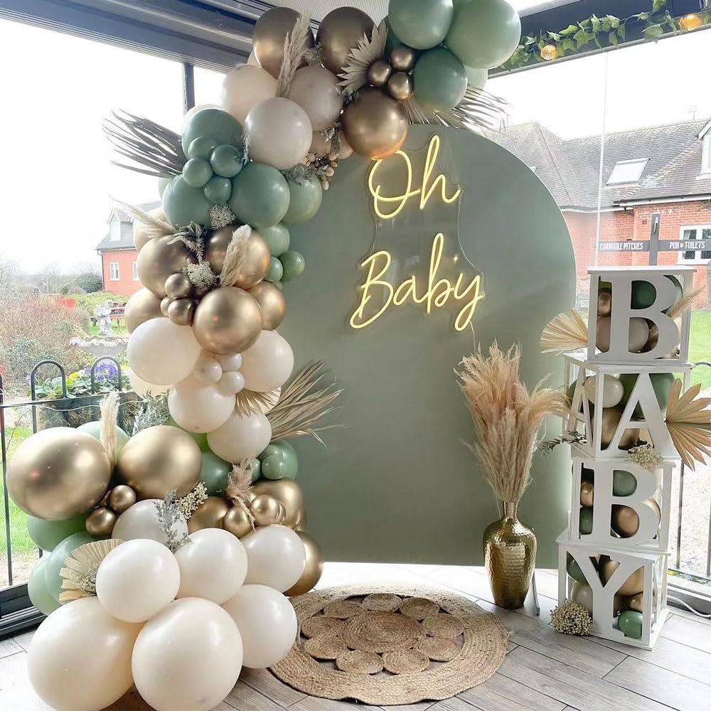 Sage Green Balloon Garland Arch Kit 153pcs Sand White Chrome Metallic Gold Avocado Olive Boho Pastel Balloons for Baby Shower Birthday Wedding Jungle Safari Party Decorations