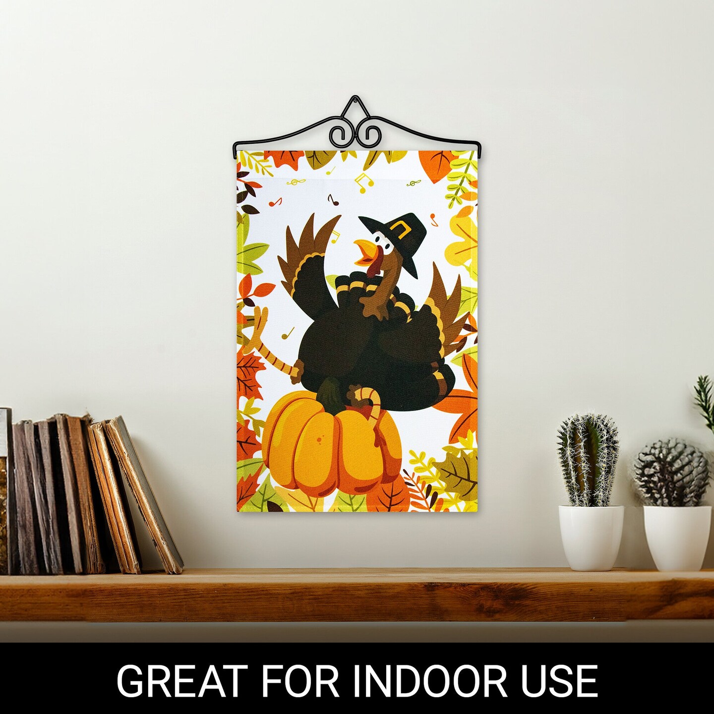 G128 Combo Pack Garden Flag Hanger 14IN &#x26; Garden Flag Pilgrim Turkey with Pumpkin 12x18IN Printed 150D Polyester