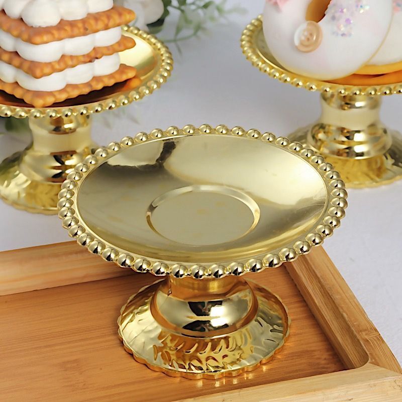 12 Gold 5&#x22; Plastic Round Mini Dessert Stands Cupcake Pedestals Beaded Rim