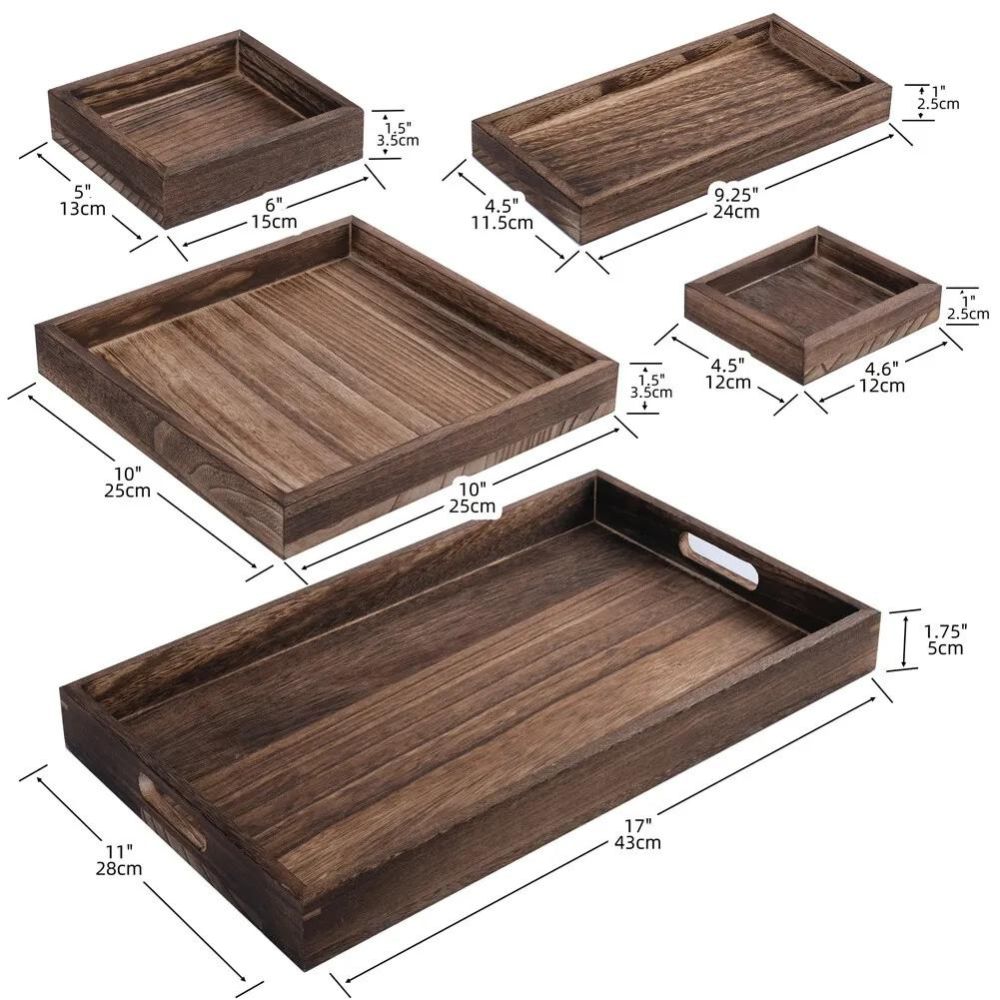 Set of 7 Rustic Wood Serving Trays Nesting Food Platter for Ottoman Coffee