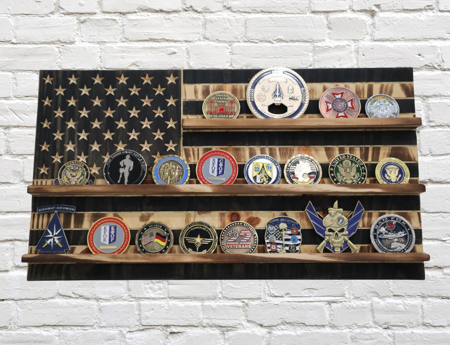 Rustic US Flag Challenge Coin Display, Military Challenge Coin Flag ...