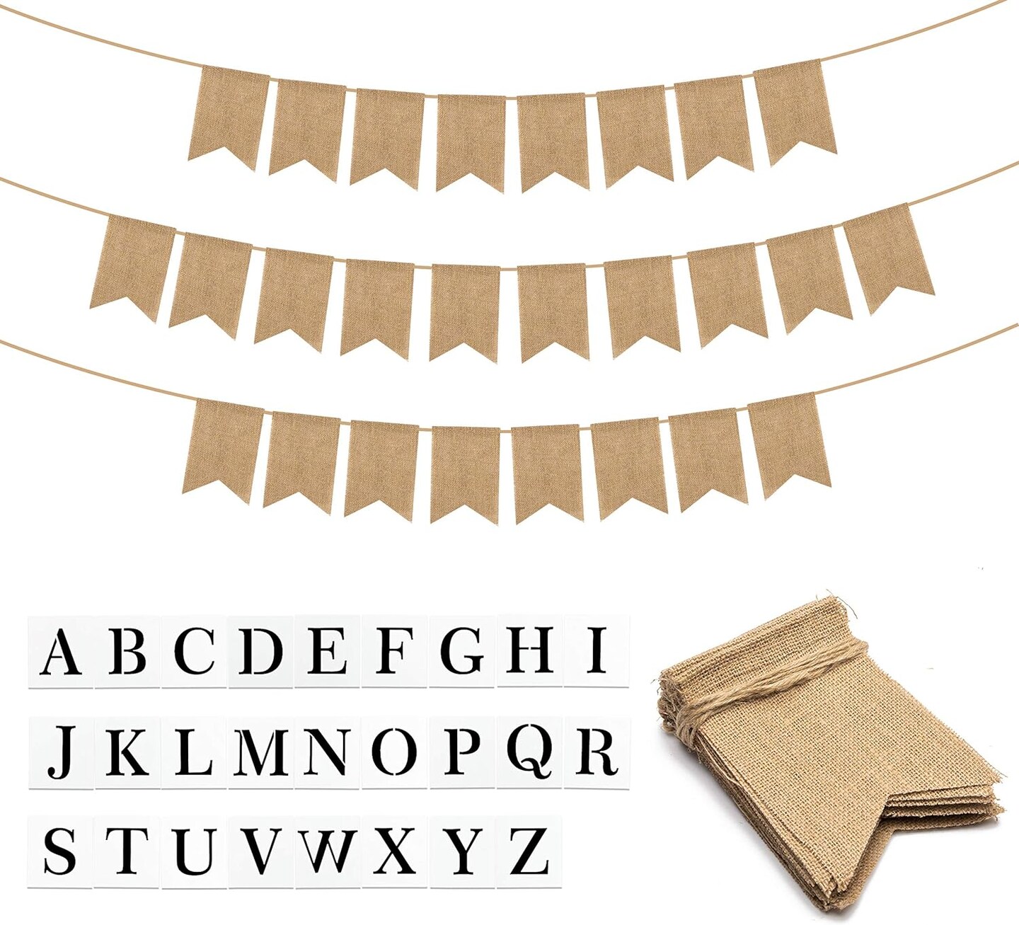 26 Pack DIY Burlap Banner Set include Letter Stencil, Design Swallowtail Flags for Kids and Adults, Handwriting Banner for Birthday and Independence Party, Unique Hand Draw Home Summer Decor