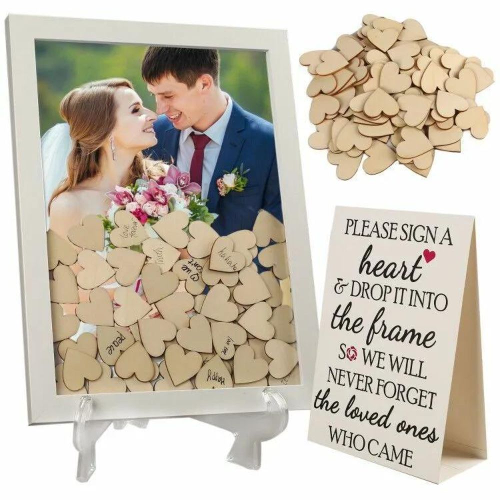 Wedding Drop Top Frame Guest Book 87 Wooden Hearts, Rustic Reception