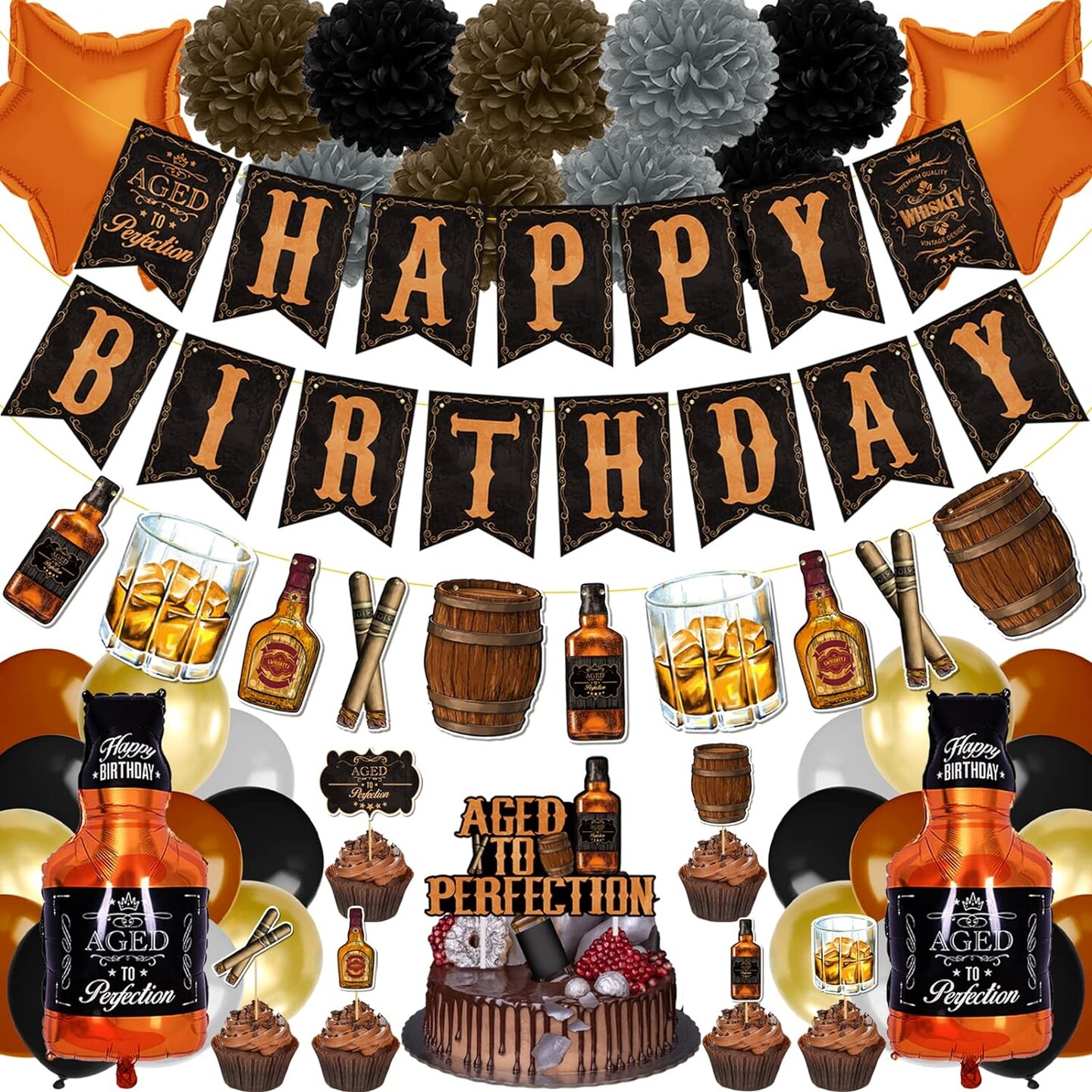 Whiskey Birthday Party Decorations for Men, Aged to Perfection Party Supplies including Whiskey Birthday Banner, Cake Toppers, Whiskey Foil Balloons, Tissue Paper Flowers (brown)