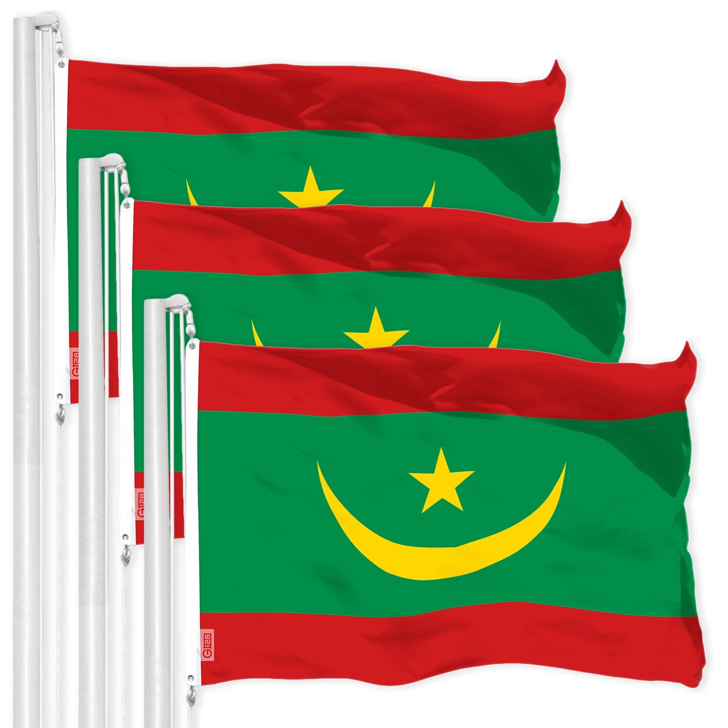 G128 3 Pack: Mauritania Mauritanian Flag | 3x5 Ft | LiteWeave Pro Series Printed 150D Polyester | Country Flag, Indoor/Outdoor, Vibrant Colors, Brass Grommets