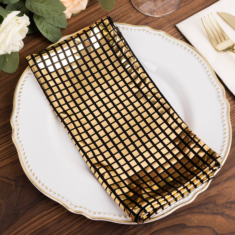 5 Black 20x20 in Polyester Dinner Table NAPKINS Gold Mirror Foil