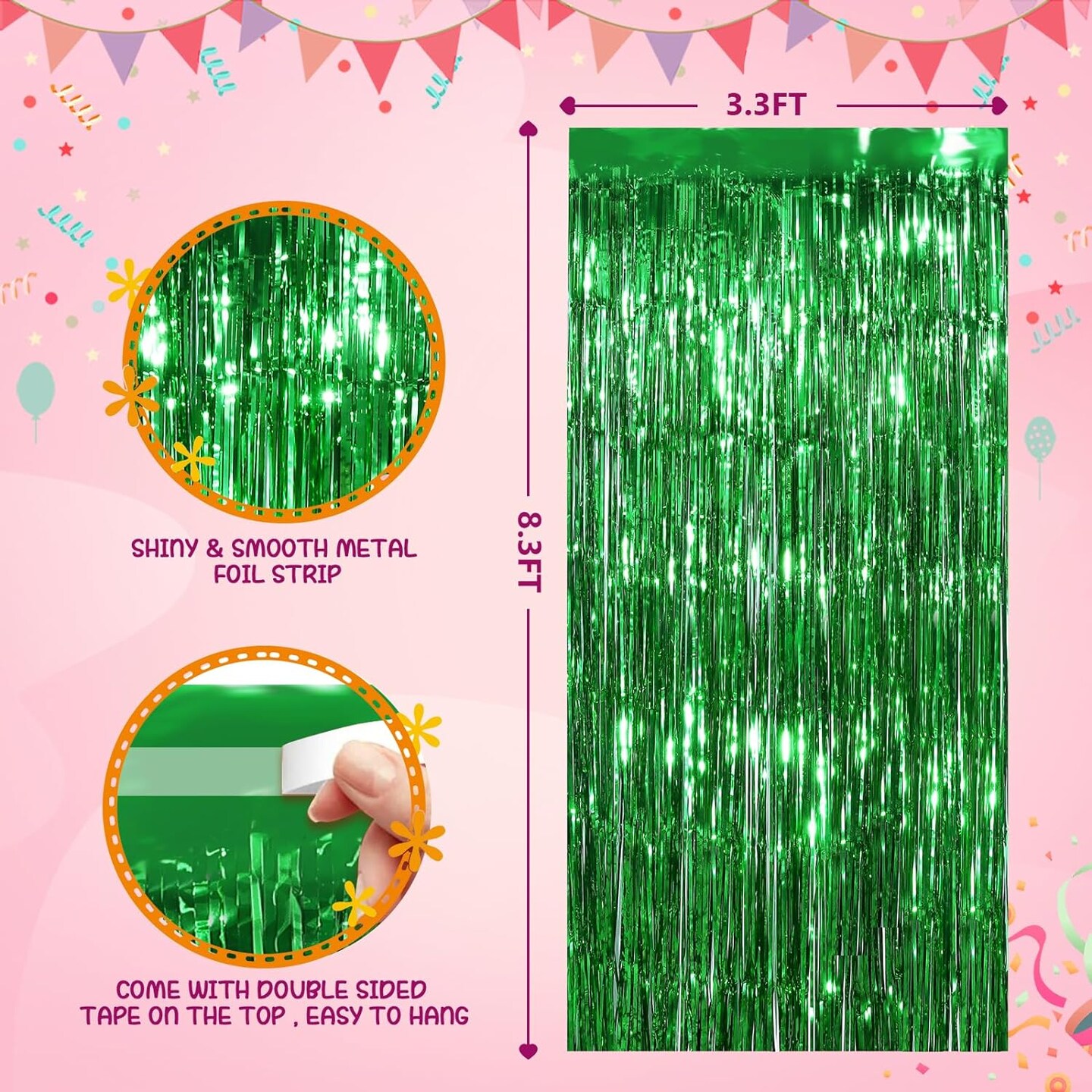Green Party Streamers 3.3x8.3 Feet Metallic Foil Fringe Curtains 3Pack Tinsel Door Streamers Party Decorations for Christmas New Year Patrick's Day Hawaiian Jungle Safari Tropical Football Party Decor