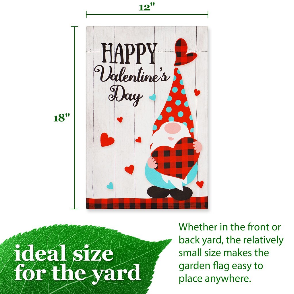 G128 Garden Flag Happy Valentine&#x27;s Day Gnome Holding Plain Heart 12&#x22;x18&#x22; Blockout Fabric