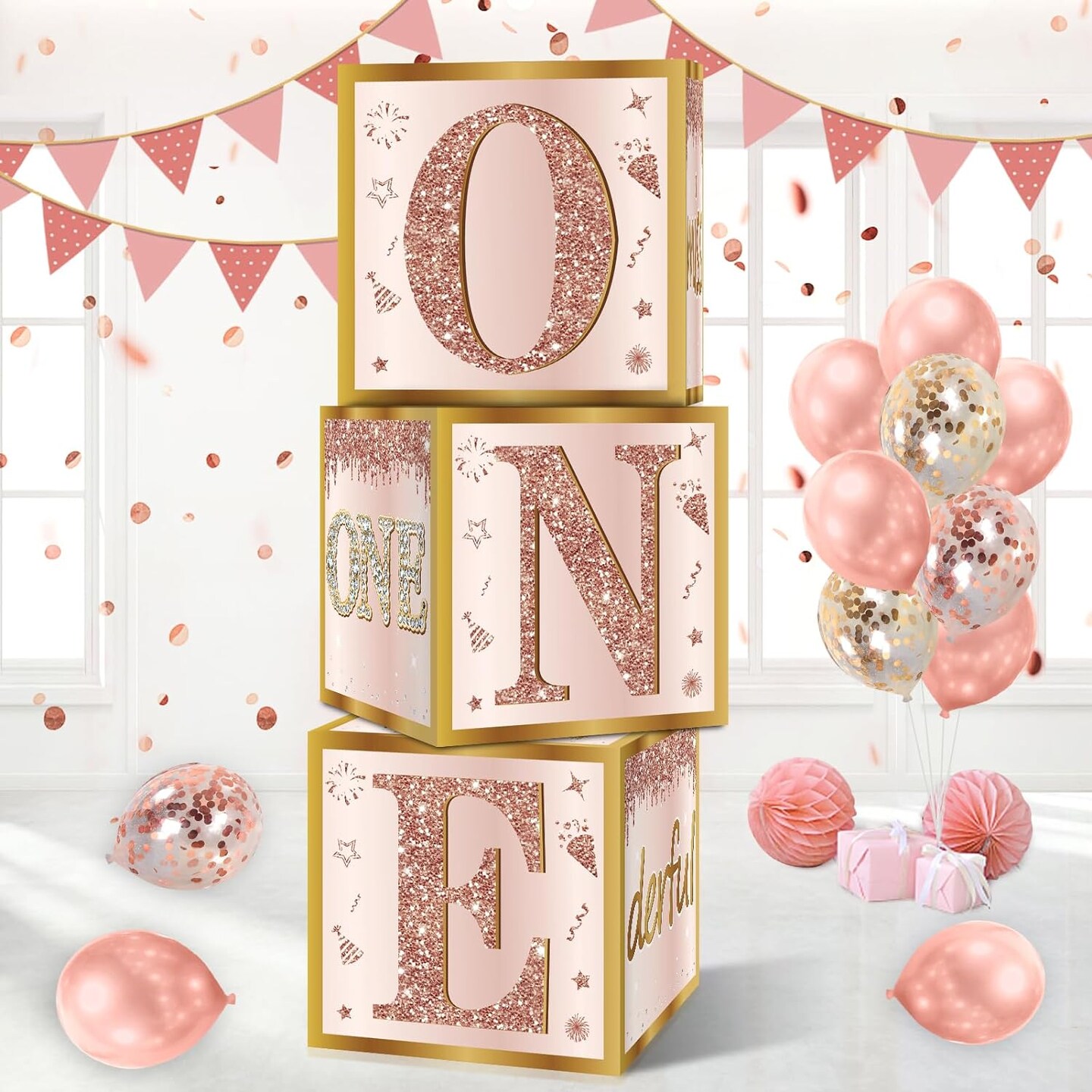 3Pcs 1st Birthday Boxes Party Supplies for Baby Girl, Pink Rose Gold Miss Onederful 1st Birthday Balloons Boxes Decoration, Pink One Year Old Birthday Theme Cardboard Box Decor