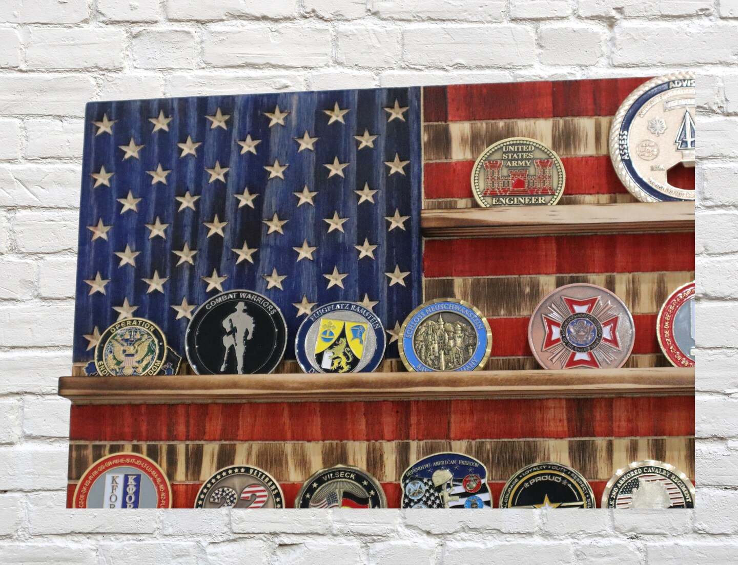 Custom Engraved American Flag 2024 Challenge Coin Table Top Display Rack With Personalization