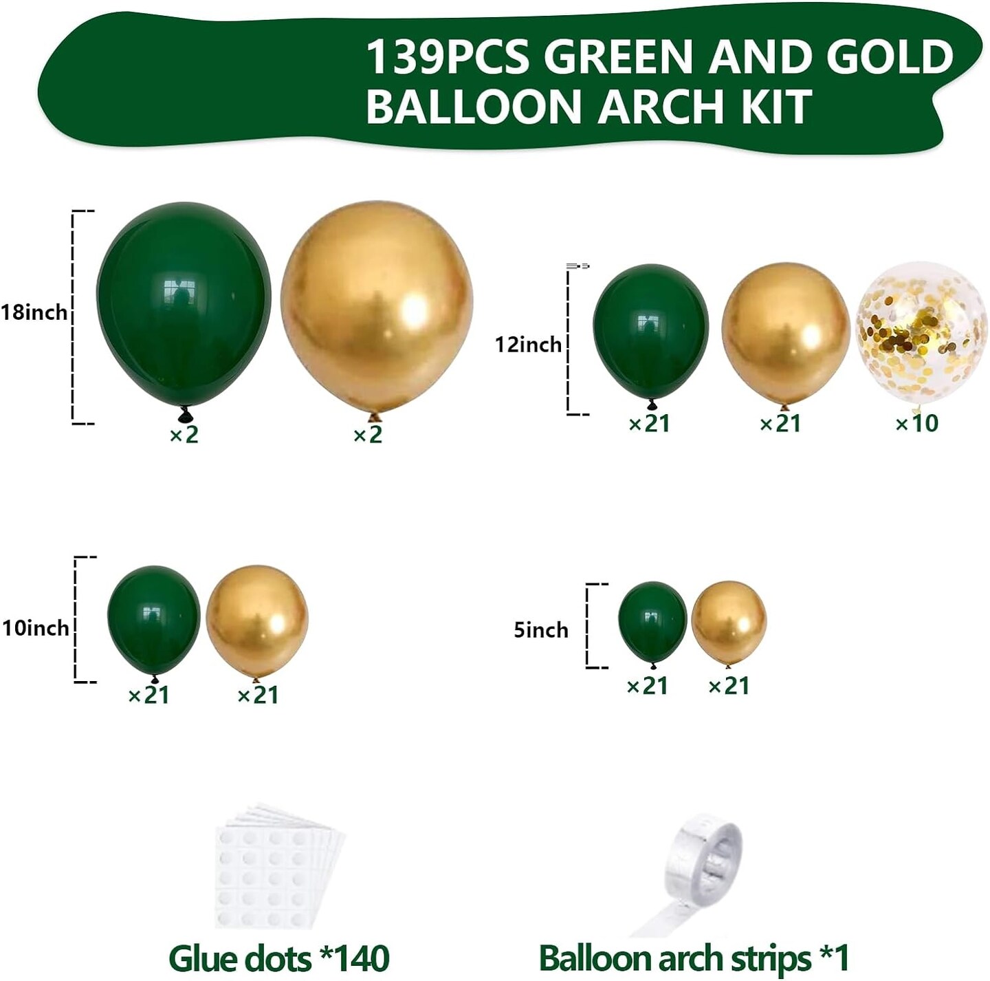 Green and Gold Balloon Arch Kit, 140Pcs Metallic Gold Balloon Emerald Forest Hunter Dark Green Balloon 18 12 10 5 Inch Different Size Balloons for Birthday Anniversary Jungle Party Decorations