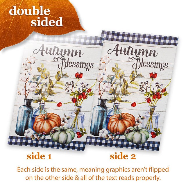 G128 House Flag Autumn Blessings Pumpkins and Flower Vases | 28x40 Inch | Printed Blockout Polyester - Fall Decoration