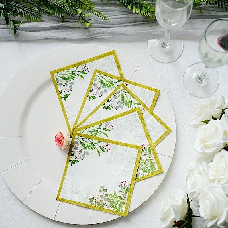 24 White 10" Greenery Design 2-Ply Paper Dinner NAPKINS Gold Rim