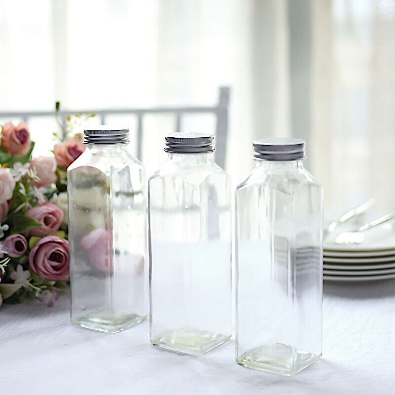 12 Clear 12 oz Square Storage Jars Refillable GLASS BOTTLES Aluminum Caps