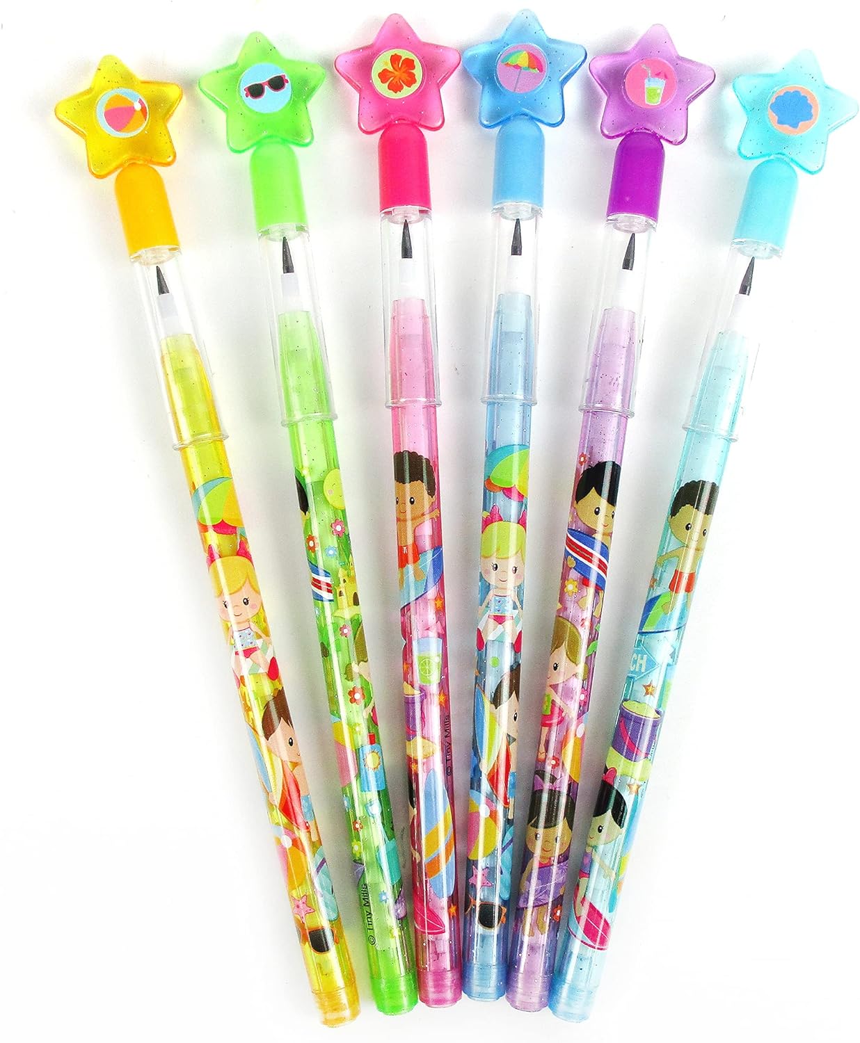 TINYMILLS 24 Pcs Summer Beach Surfer Stackable Push Pencil Assortment with Eraser