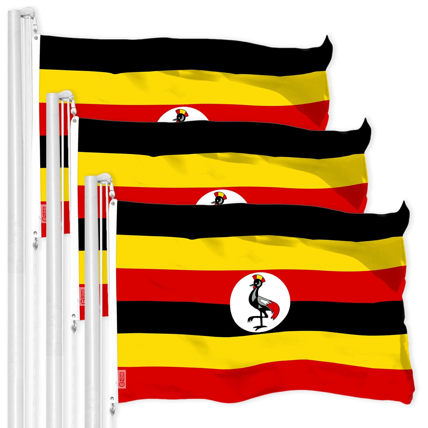 G128 3 Pack: Uganda Ugandan Flag | 3x5 Ft | LiteWeave Pro Series Printed 150D Polyester | Country Flag, Indoor/Outdoor, Vibrant Colors, Brass Grommets