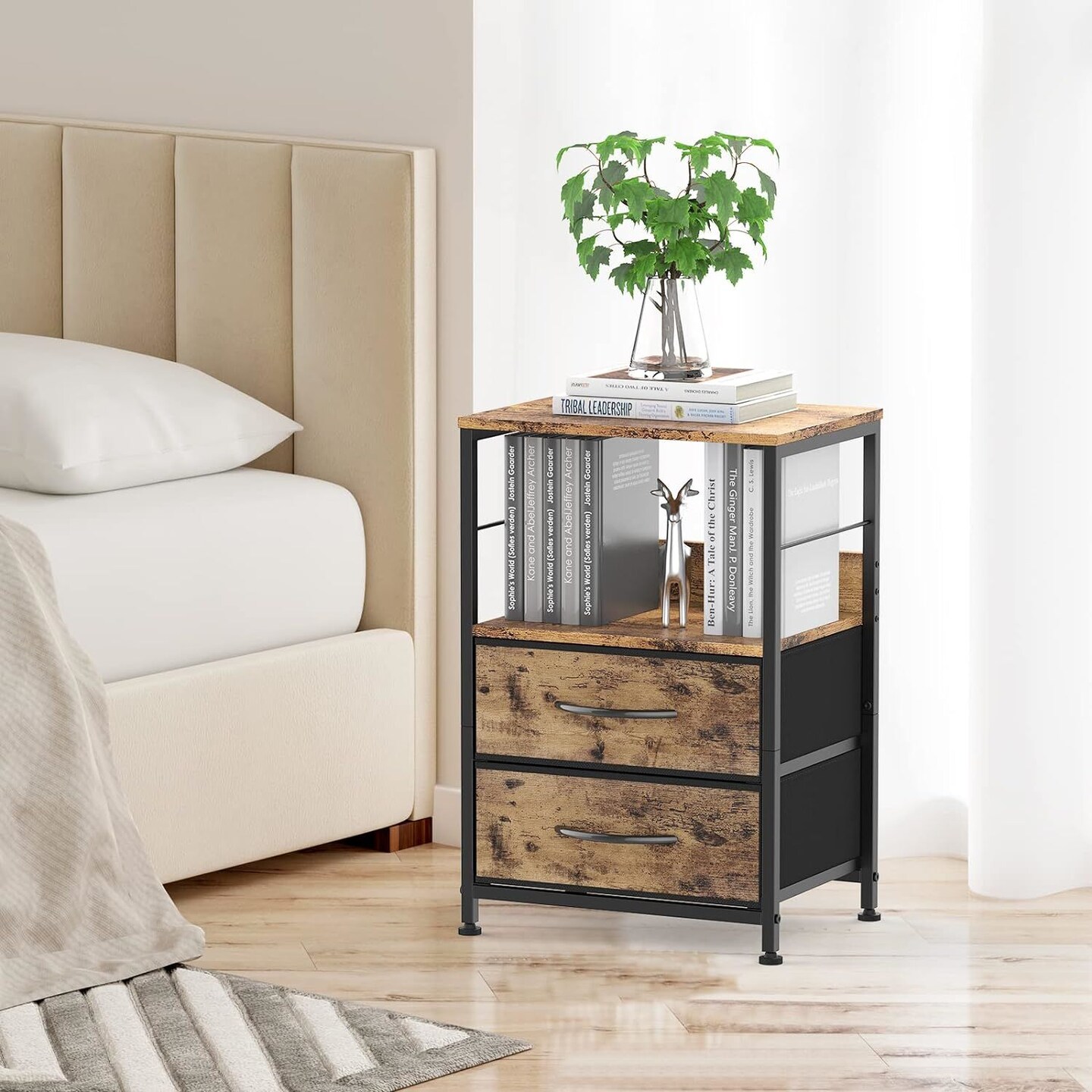 Nightstand Bedroom End Table with 2 Drawers and Open Shelf