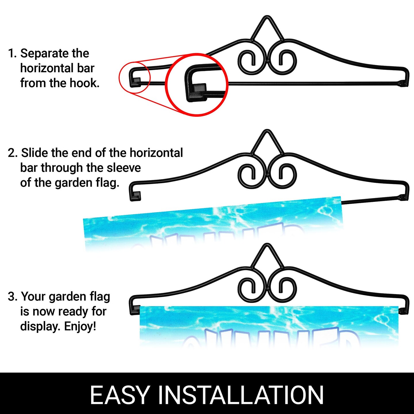 G128 Combo Pack Garden Flag Hanger 14IN & Garden Flag Summer Fun with Cat in Pool 12x18IN Printed 150D Polyester