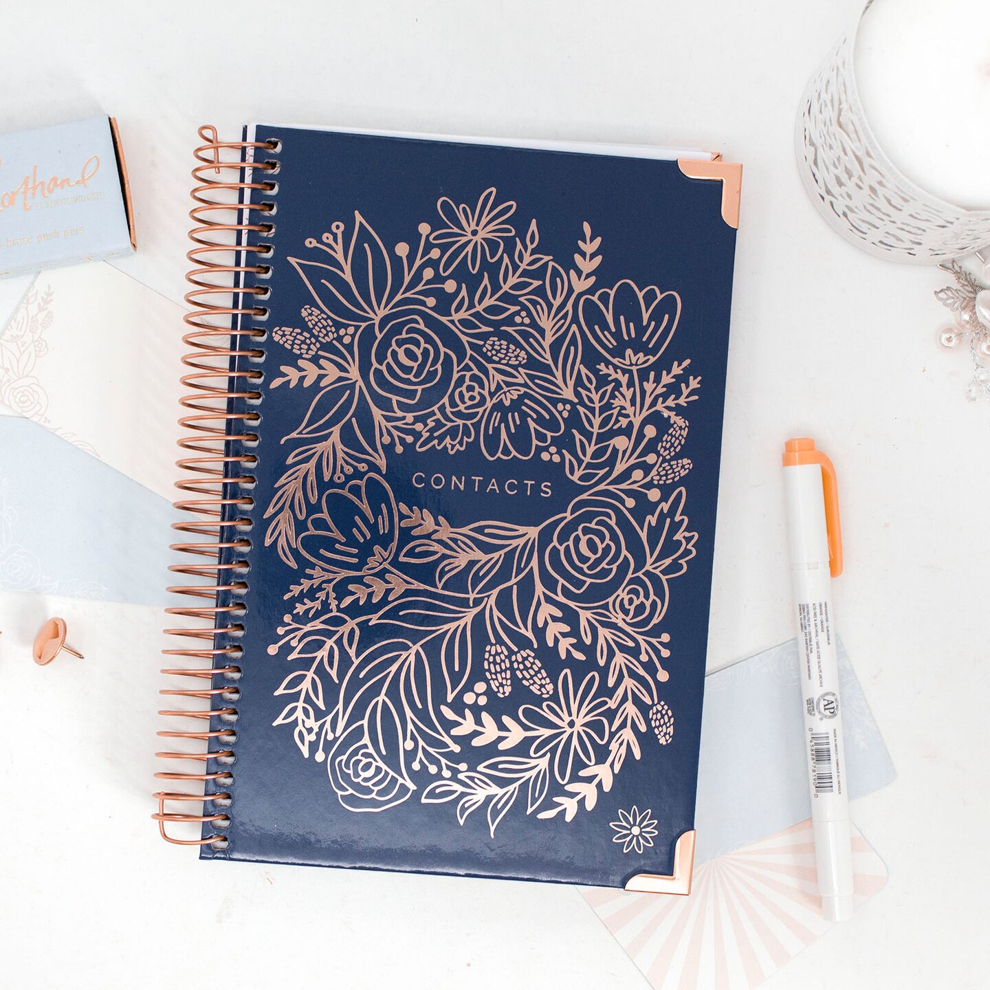 product name is Contact Book, Navy Embroidery