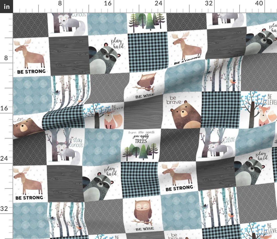 Various Fabrics by the Yard or Fat Quarter Woodland Patchwork Quilt Bear Moose Fox Raccoon Wolf Gray &#x26; Blue Animals Boy Nursery Custom Printed Fabric by Spoonflower