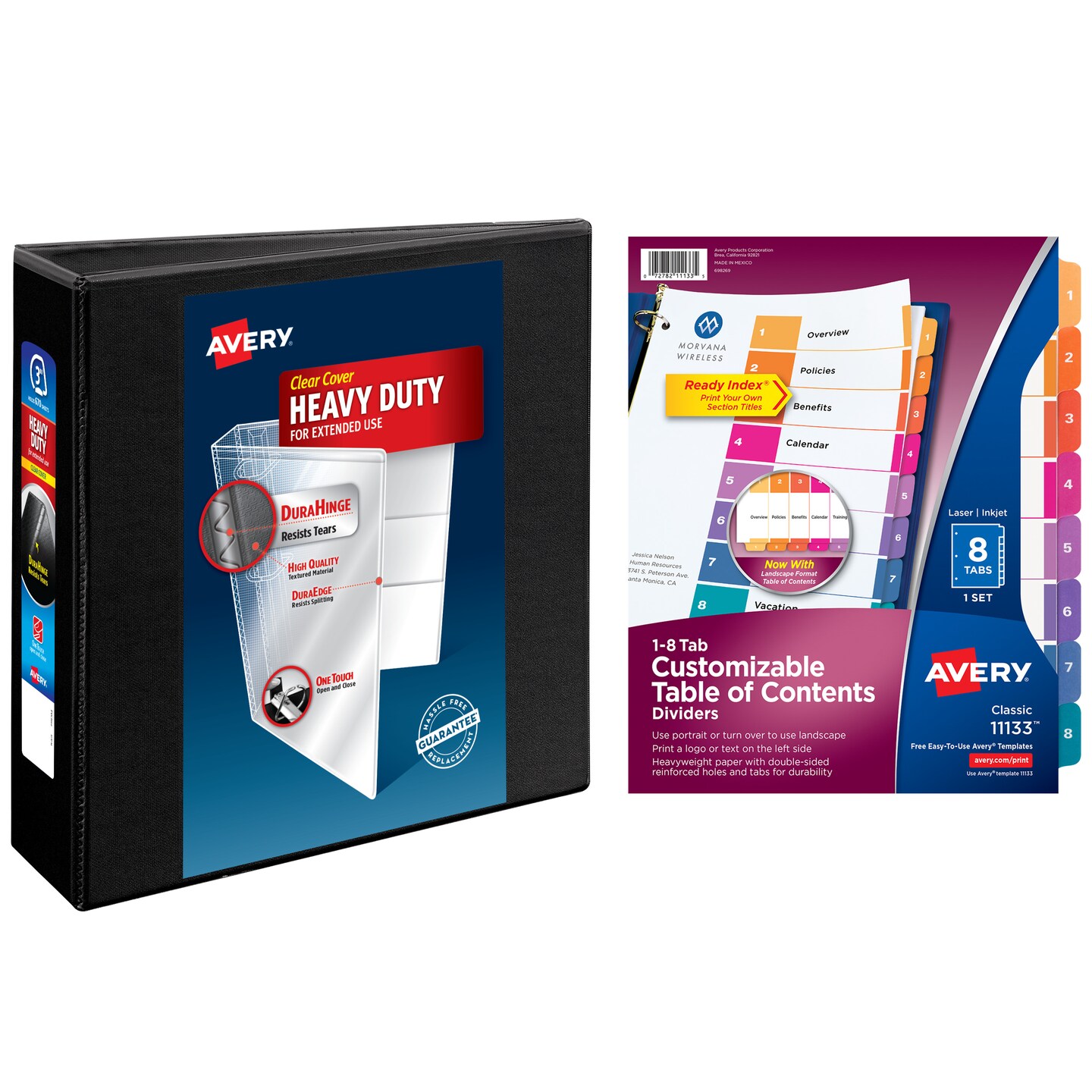 Avery Heavy-Duty View 3 Ring Binder with 3 Inch Rings, 8 Tab Customizable Table of Contents Binder Dividers, Office Supplies Set (01677)