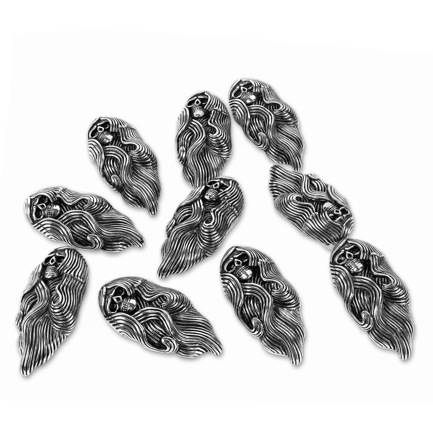 10 Pack - Stainless Steel Large Long Hair Skull Pendant