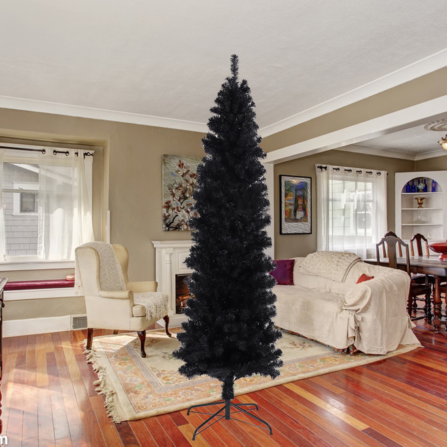 7.5 Ft Halloween Black Artificial Halloween and Christmas Tree with Metal Stand
