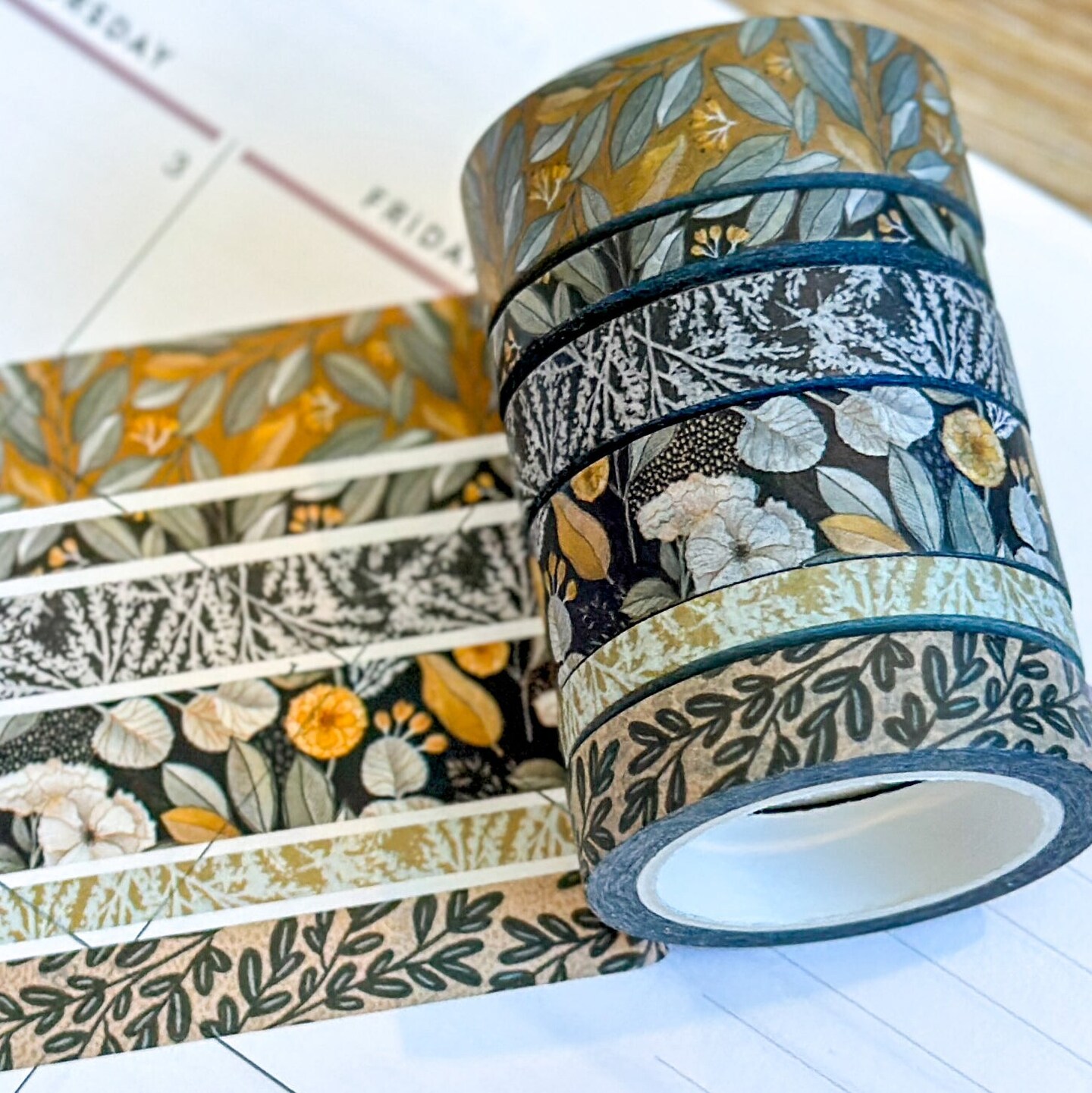 Black & Brown Floral Retro Summer Flowers Washi Tape Set - W088
