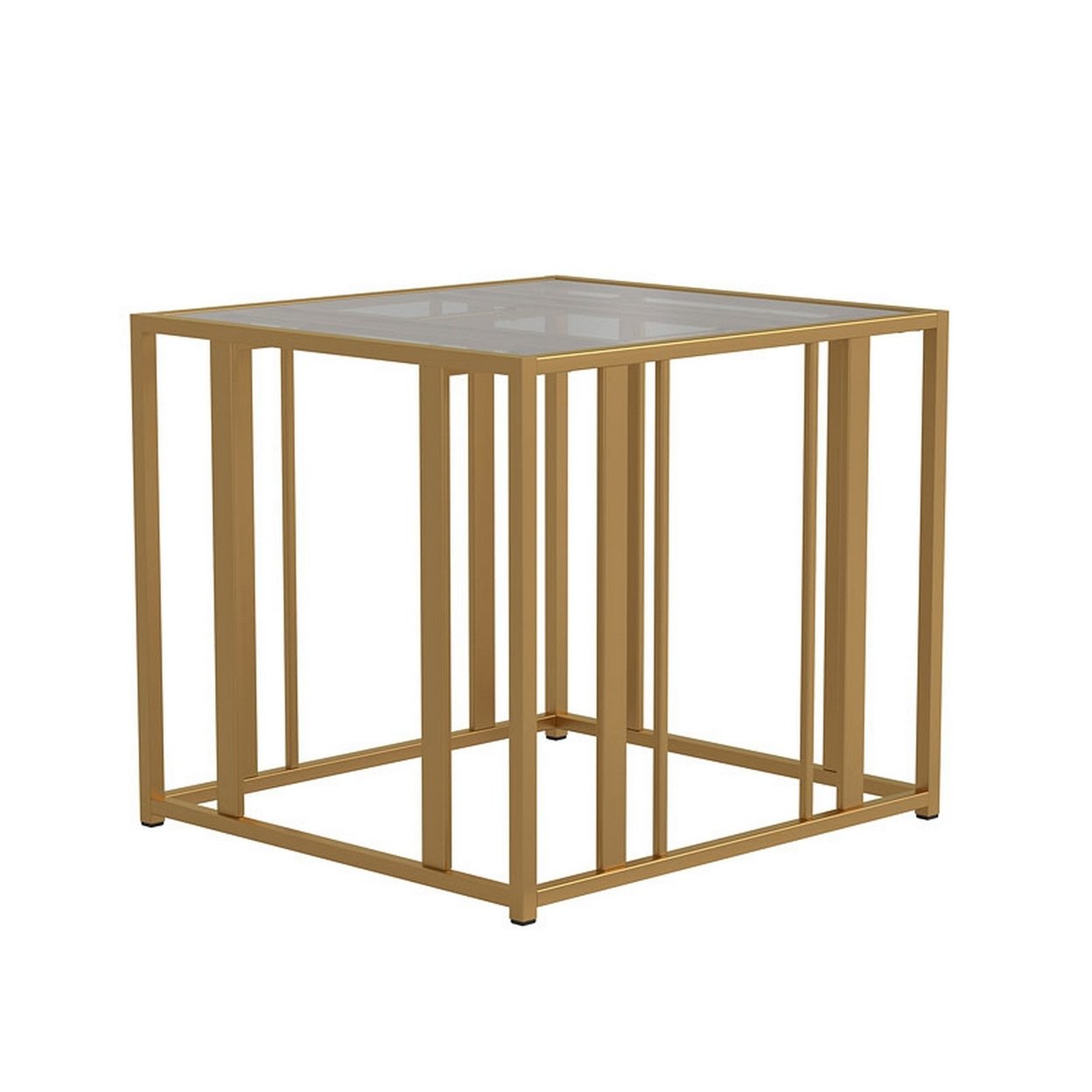 Saltoro Sherpi Glass Top End Table with Metal Tubular Base, Brass-