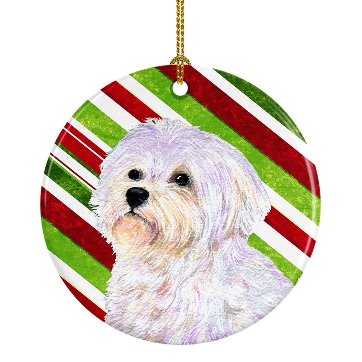 Caroline&#x27;s Treasures   SS4550-CO1 Maltese Candy Cane Holiday Christmas Ceramic Ornament, 3 in, multicolor