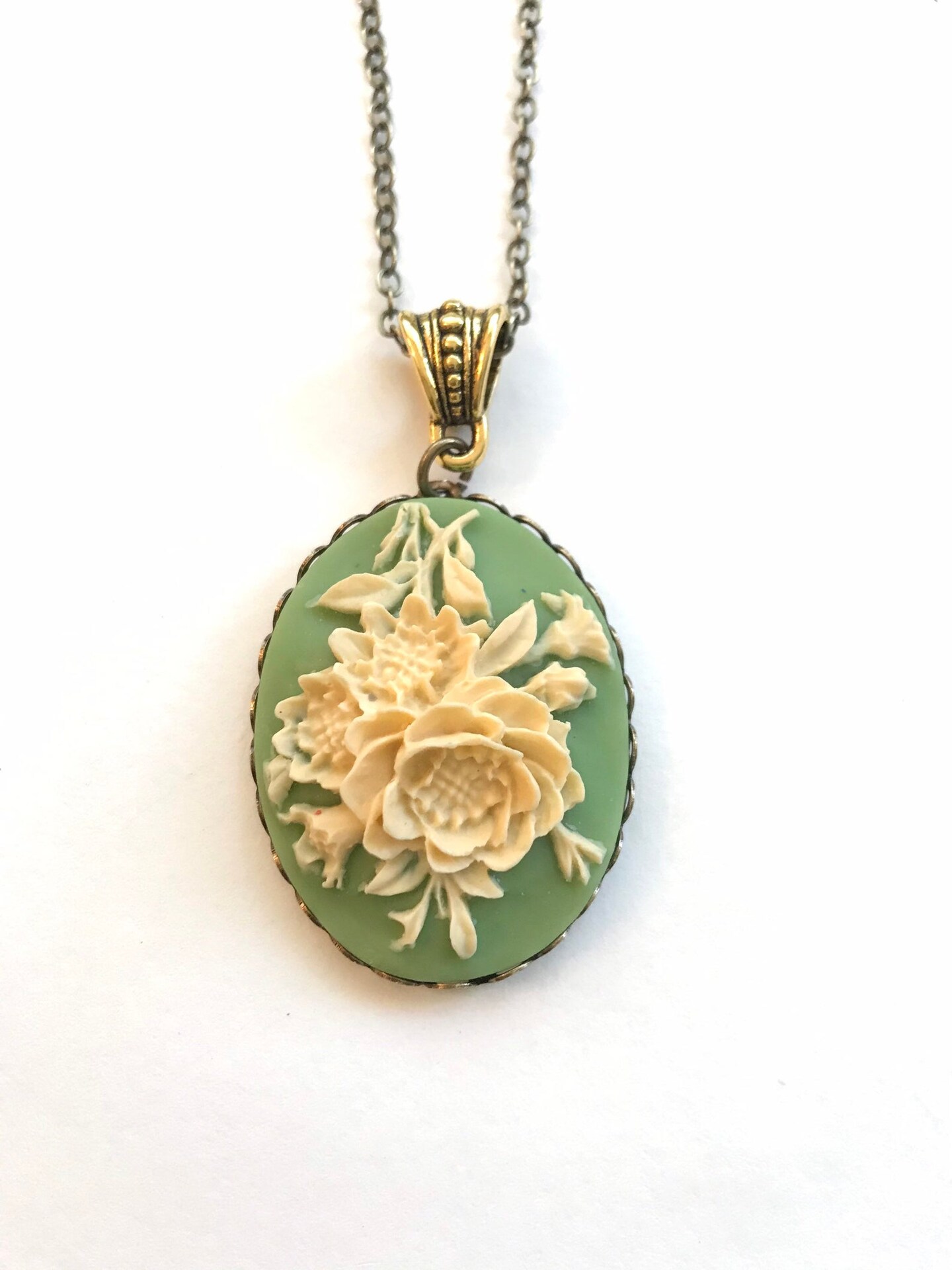 Vintage green cameo necklace, large cameo pendant, gift for Mom, women ...