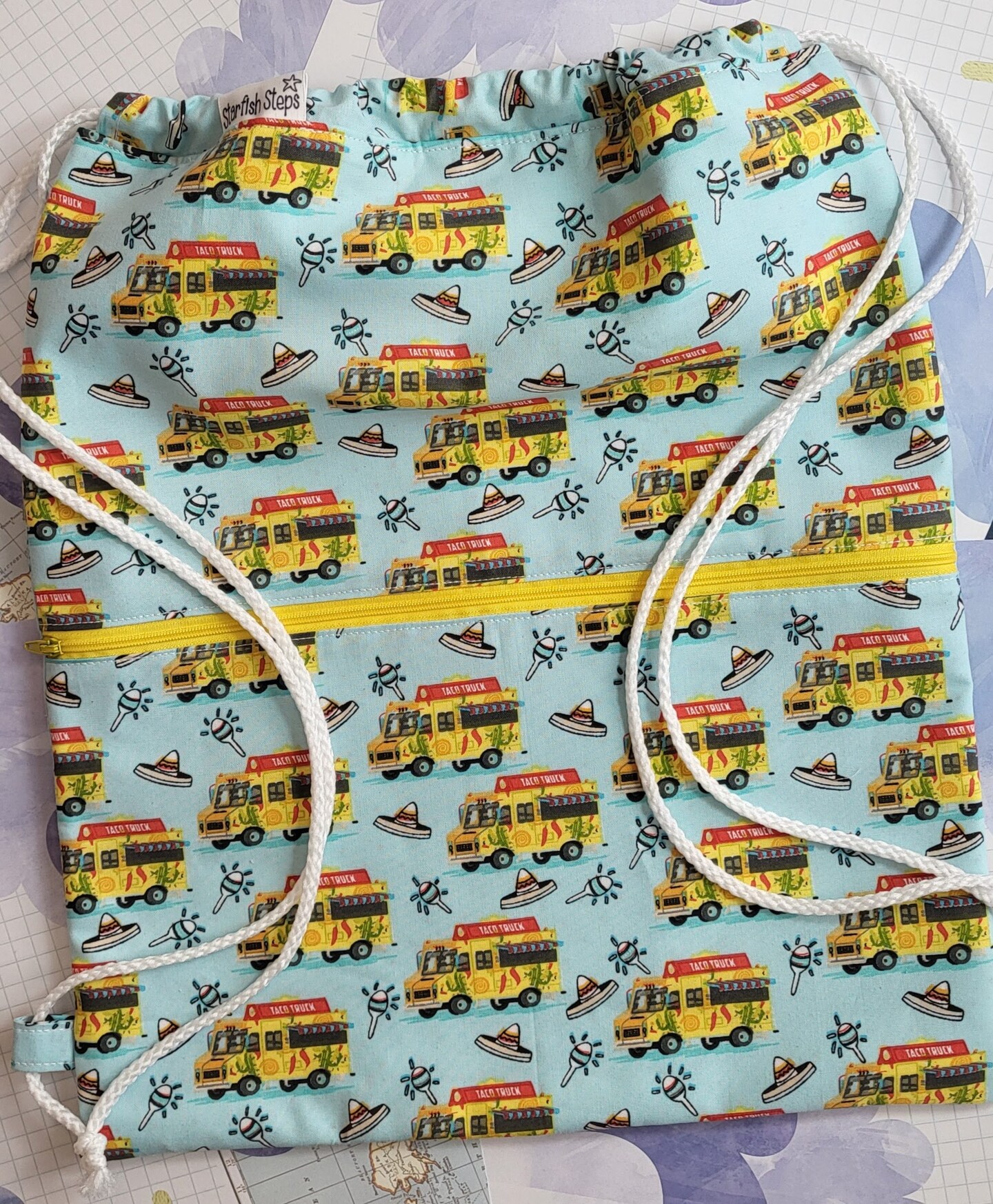 Drawstring Backpack Bag with Zipper Pocket Taco Bus Print MakerPlace by Michaels