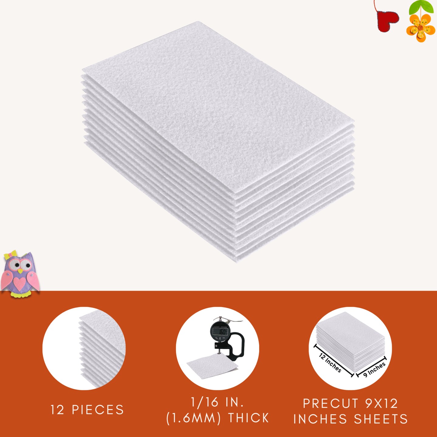FabricLA Acrylic Felt Sheets for Crafts - Precut 9" X 12" Inches (20 cm X 30 cm) Felt Squares - Use Felt Fabric Craft Sheets for DIY, Costume, and Decoration | White - 12 Pieces