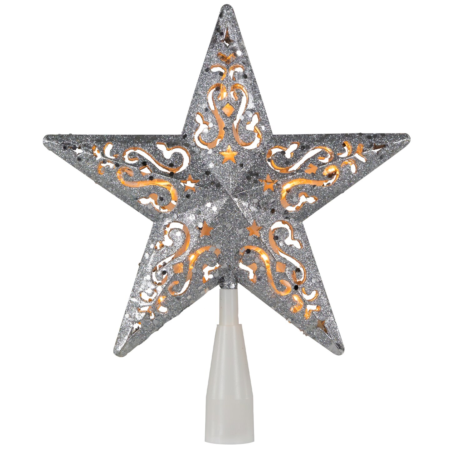 Northlight 8.5&#x22; Lighted Silver Glitter Star Cut Out Design Christmas Tree Topper - Clear Lights, White Wire