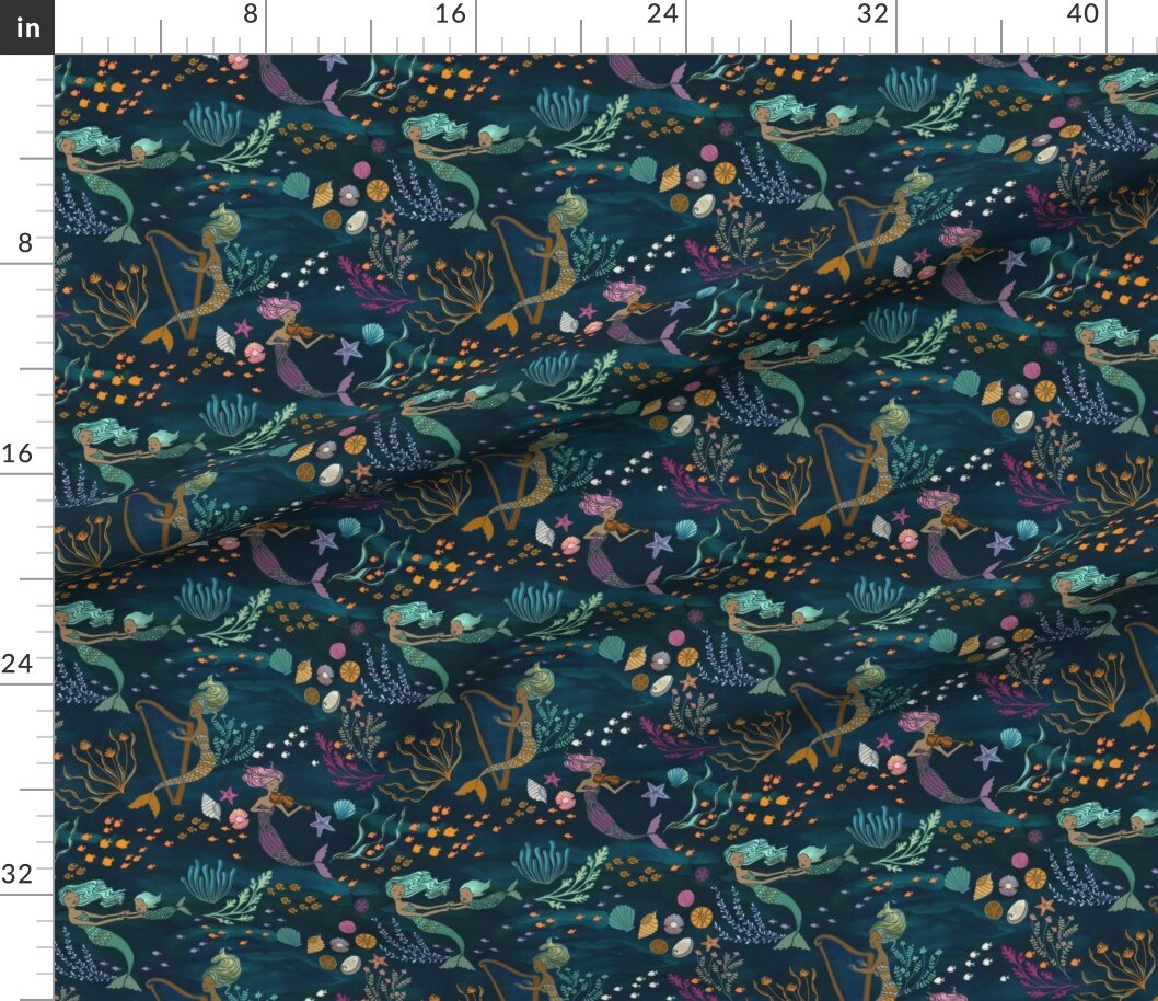 Mermaid Dark Teal Girls Fantasy Magic Underwater Under The Sea Instruments Fairy Children Ocean Custom Printed Fabric by Spoonflower Various Fabrics by the Yard or Fat Quarter