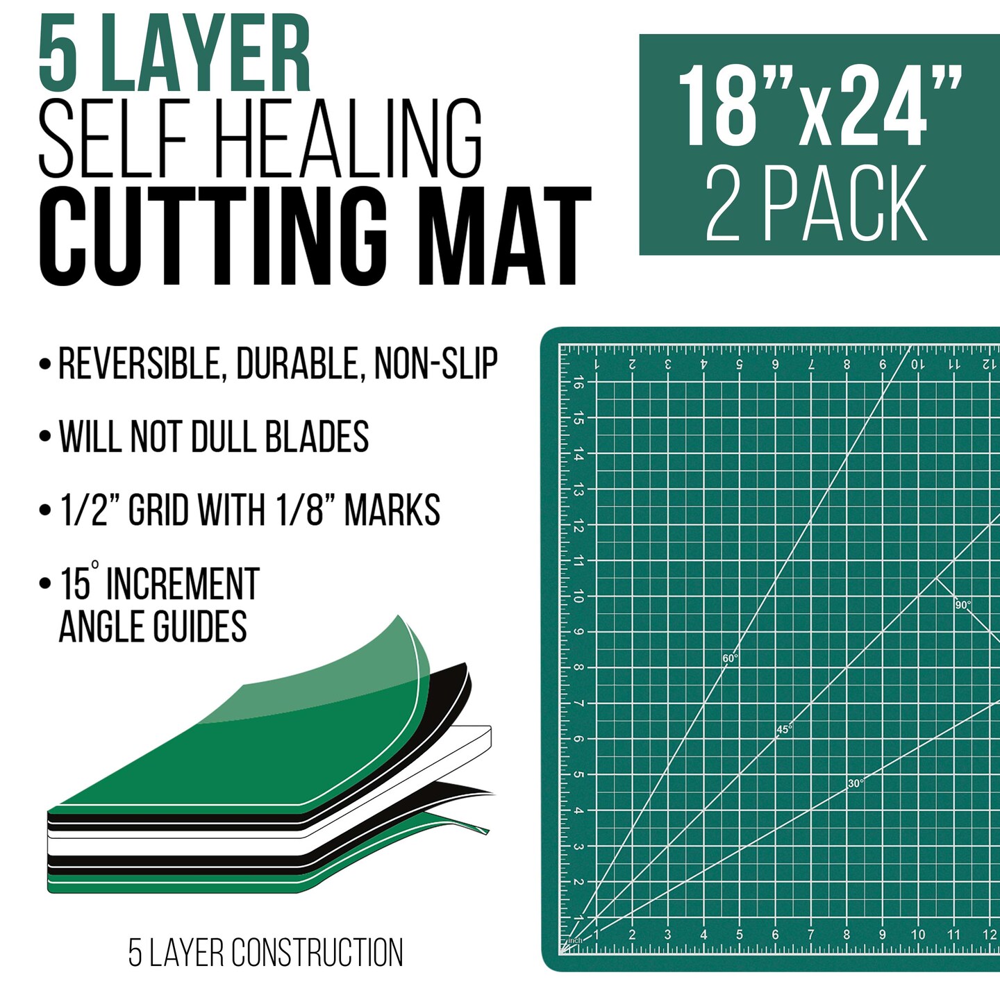 18&#x22; x 24&#x22; Self-Healing Cutting Mat 5-Ply (2 Pack) - Double-Sided Green/Black Craft Mat, Non-Slip Cutting Mats for Crafts, Sewing, Quilting, Scrapbooking