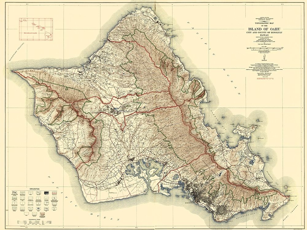 Oahu Island Hawaii - USGS 1938 Poster Print by USGS USGS # HIOA0002