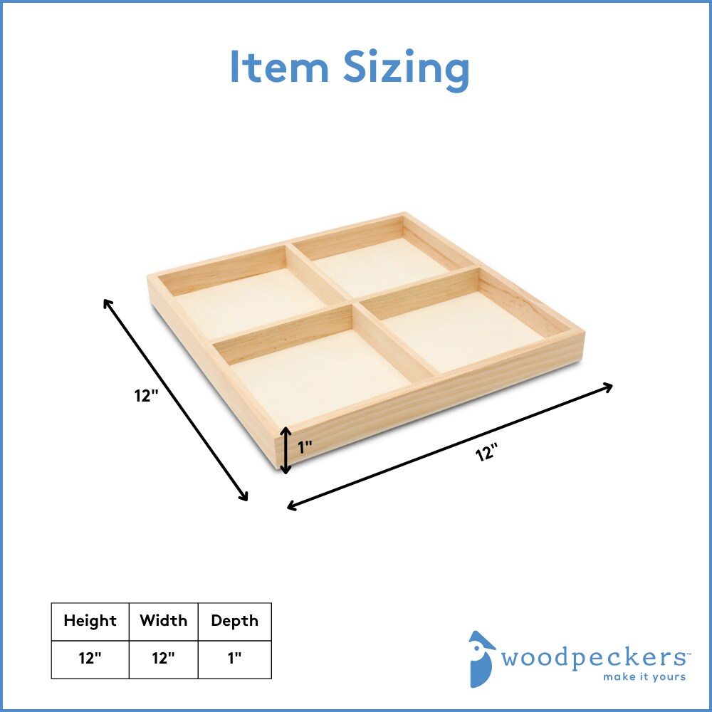 DIY Square Wooden Divided Serving Tray, Multiple Sizes, 4 Sections for Party | Woodpeckers