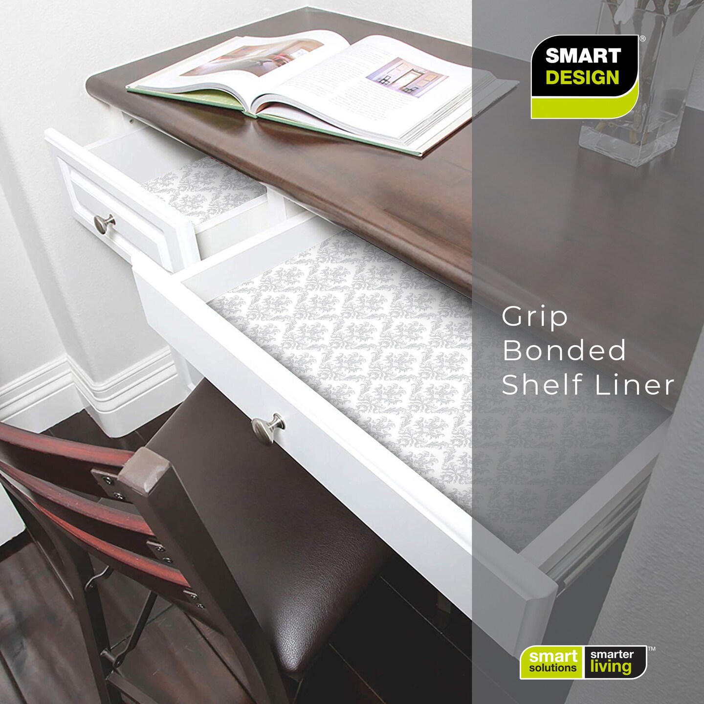 Smart Design Bonded Grip Shelf Liner - 12 Inch x 10 Feet - Fleur Gris
