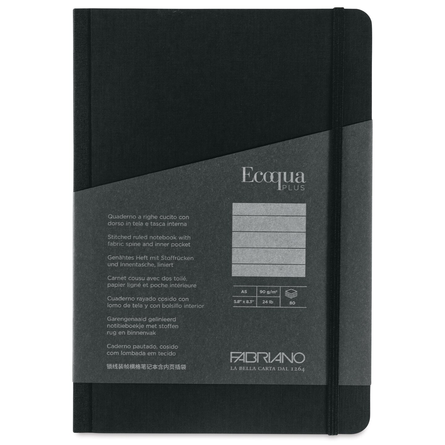 Fabriano Ecoqua Plus Fabric-Bound Notebook - Black, 5-4/5&#x22; x 8-1/4&#x22;, Lined
