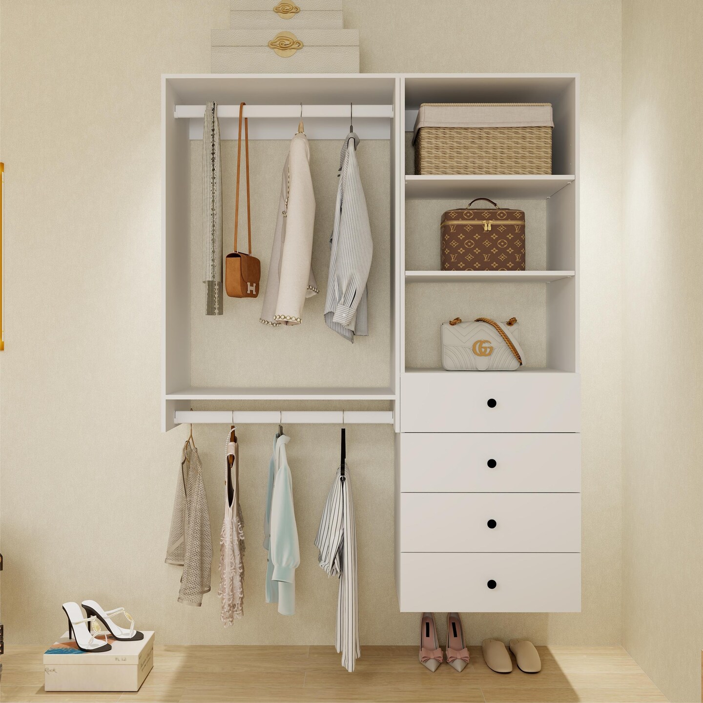 Livelylodge Modular Closet Organizer System: Freestanding And Wall-Mounted Cabinet With 2 Hanging Rods And 4 Drawers For