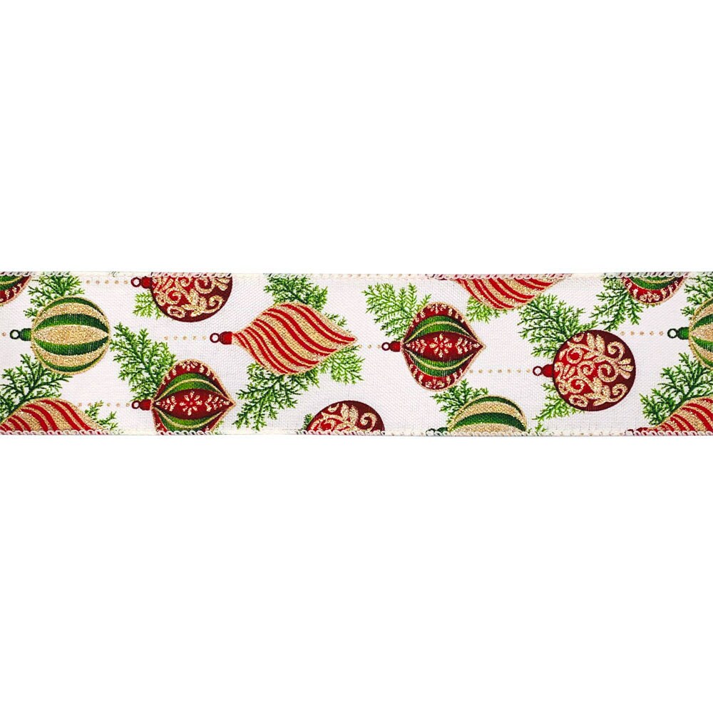 Designer&#x2019;s Shop WR 63-5183 Holiday Glitter Gold/Red/Green Ornaments Wired edge ribbon 2.5&#x201D; x 10 yard