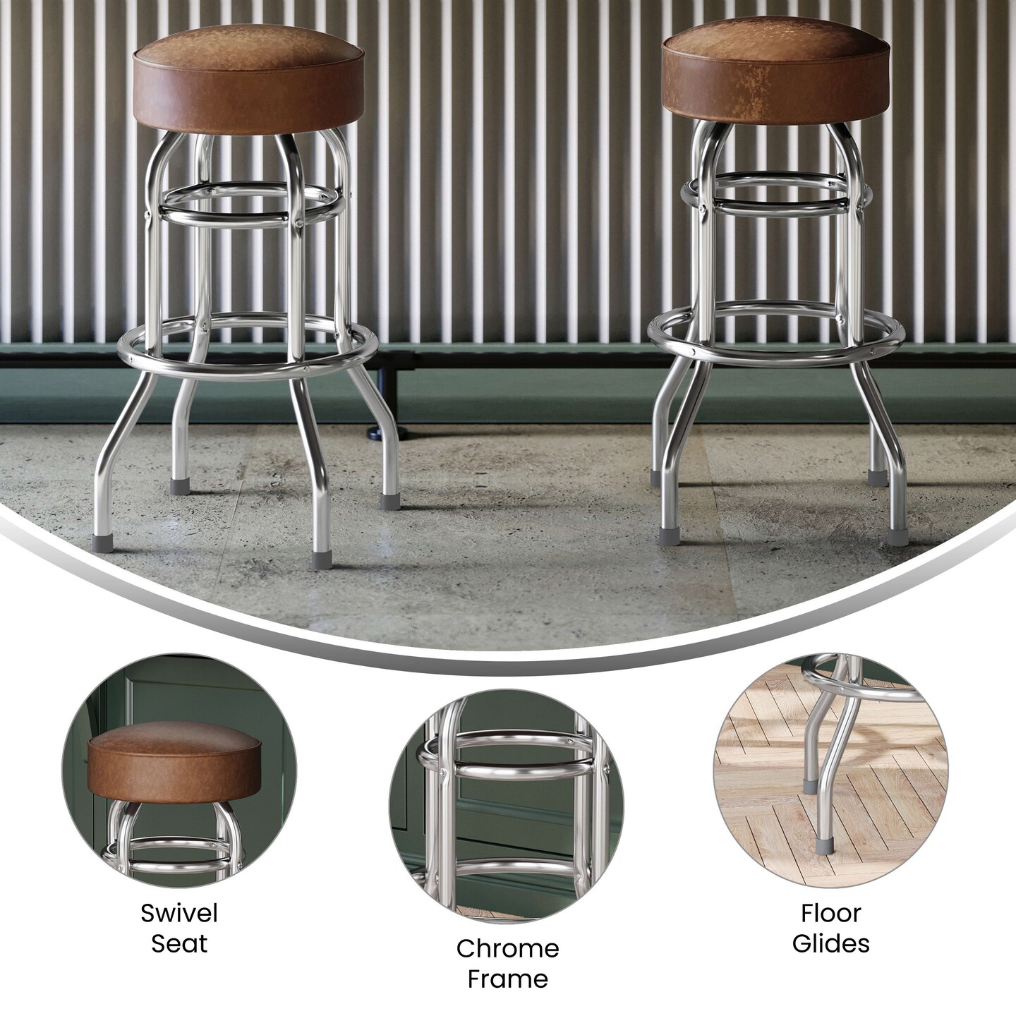 Emma and Oliver Retro Backless Double Ring Chrome Restaurant Dining Barstool