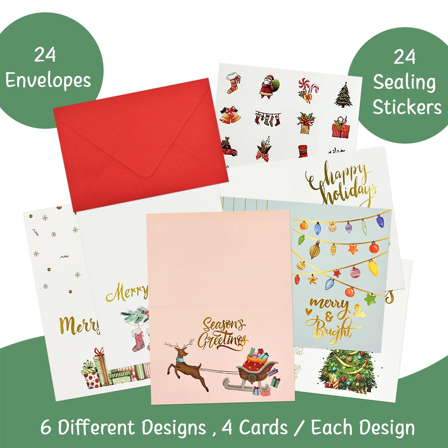 Wrapables Blank Gold Foil Christmas Greeting Cards with Envelopes &#x26; Stickers for Holidays, Friends, Family (Set of 24)