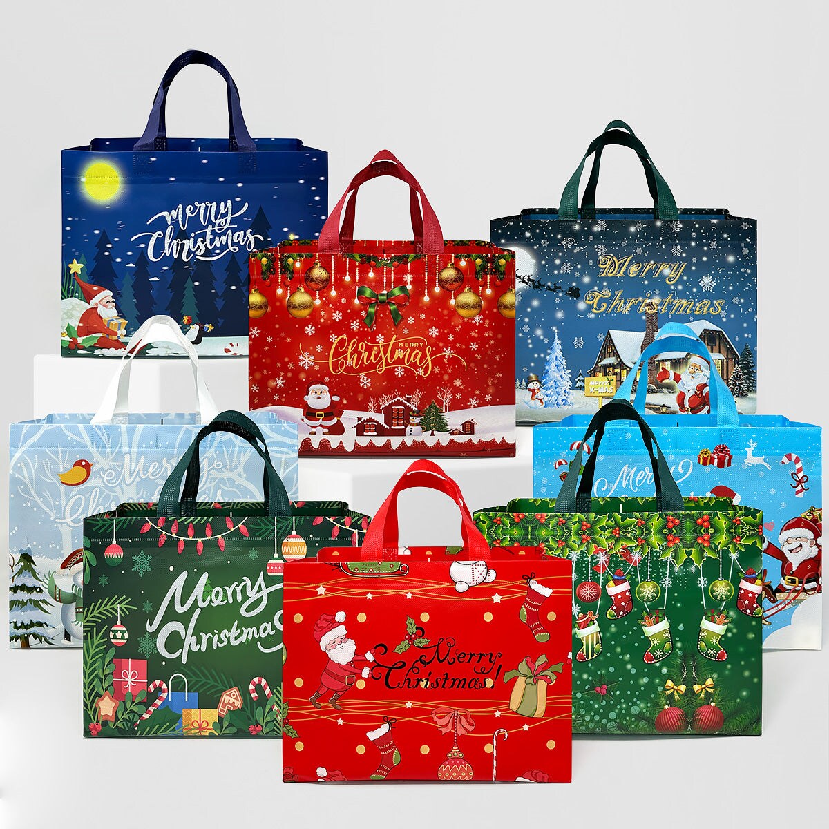 Wrapables Non-Woven Reusable Christmas Holidays Gift Bags with Handles for Gift Wrap, Parties, Favors and Treats (Set of 8), Blue Night