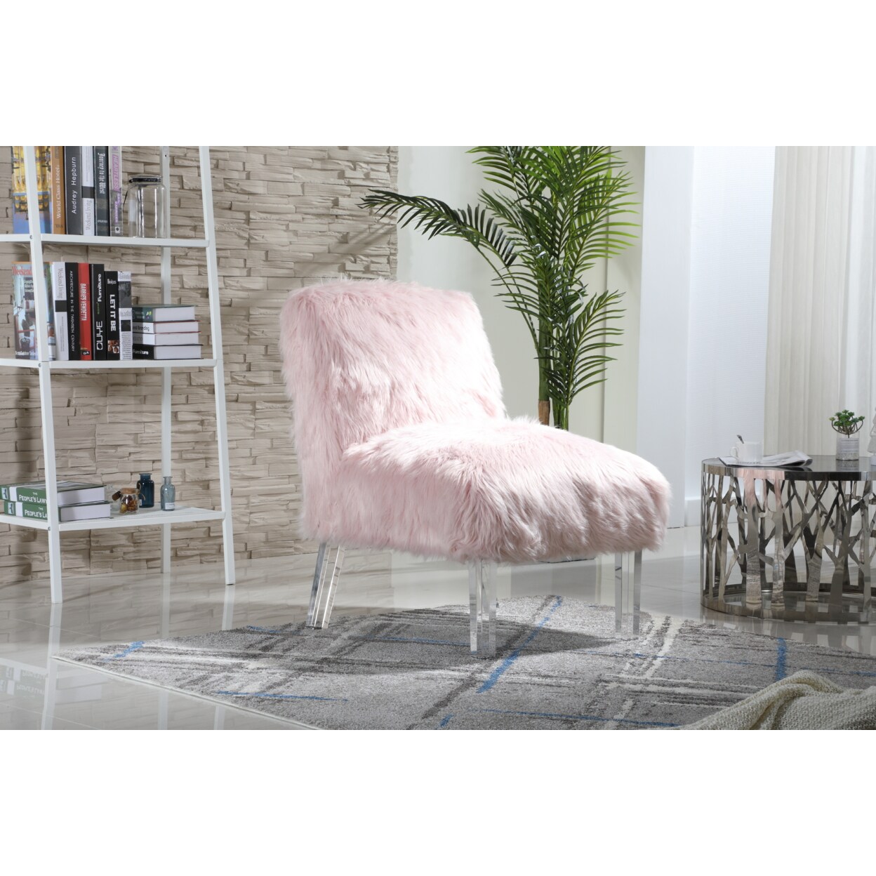 Iconic Home   Filipe Accent Side Chair Sleek Stylish Faux faux Upholstered Armless Design Acrylic Legs