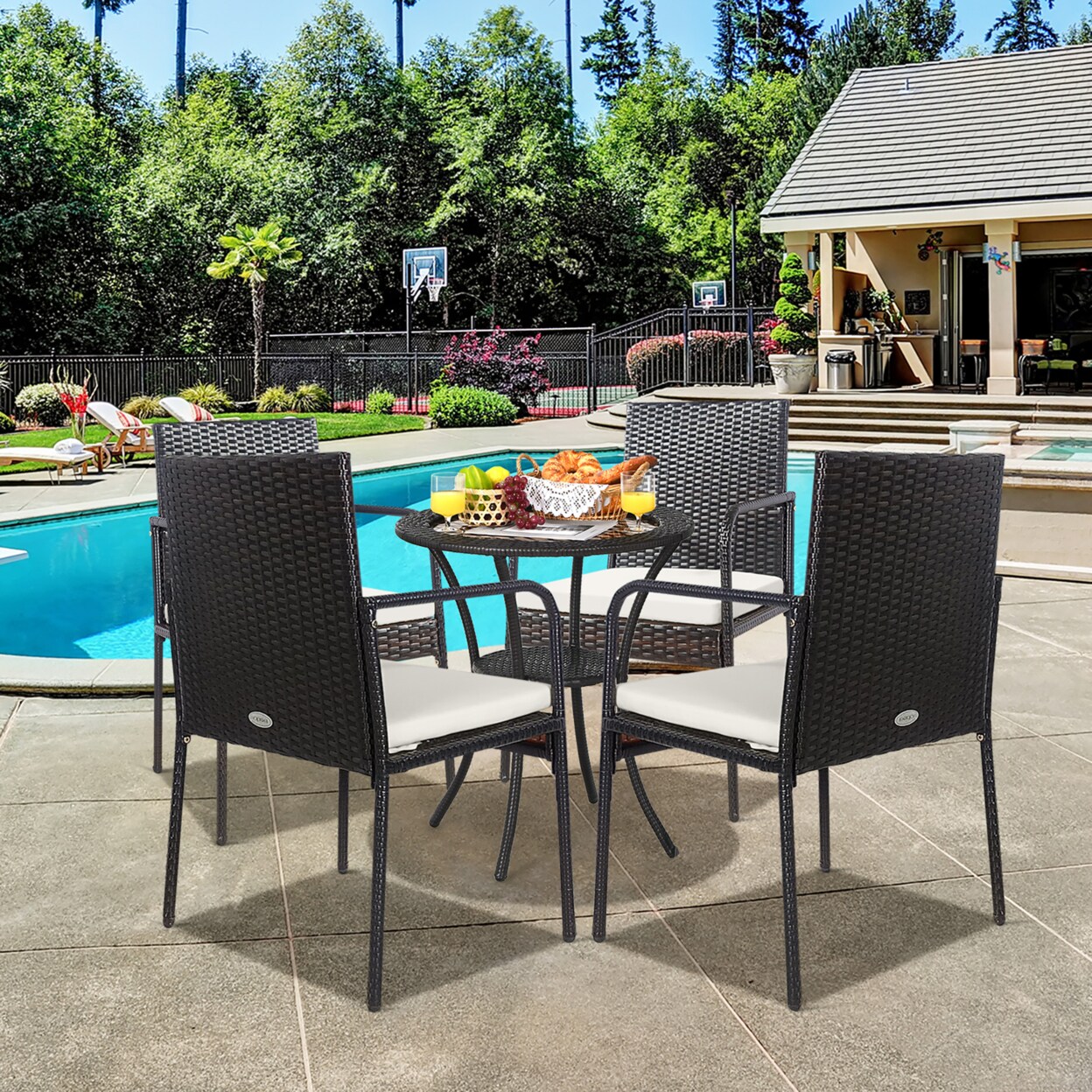 Set Of 4 Rattan Wicker Dining Chairs Patio Outdoor W/ Cushion Armrest