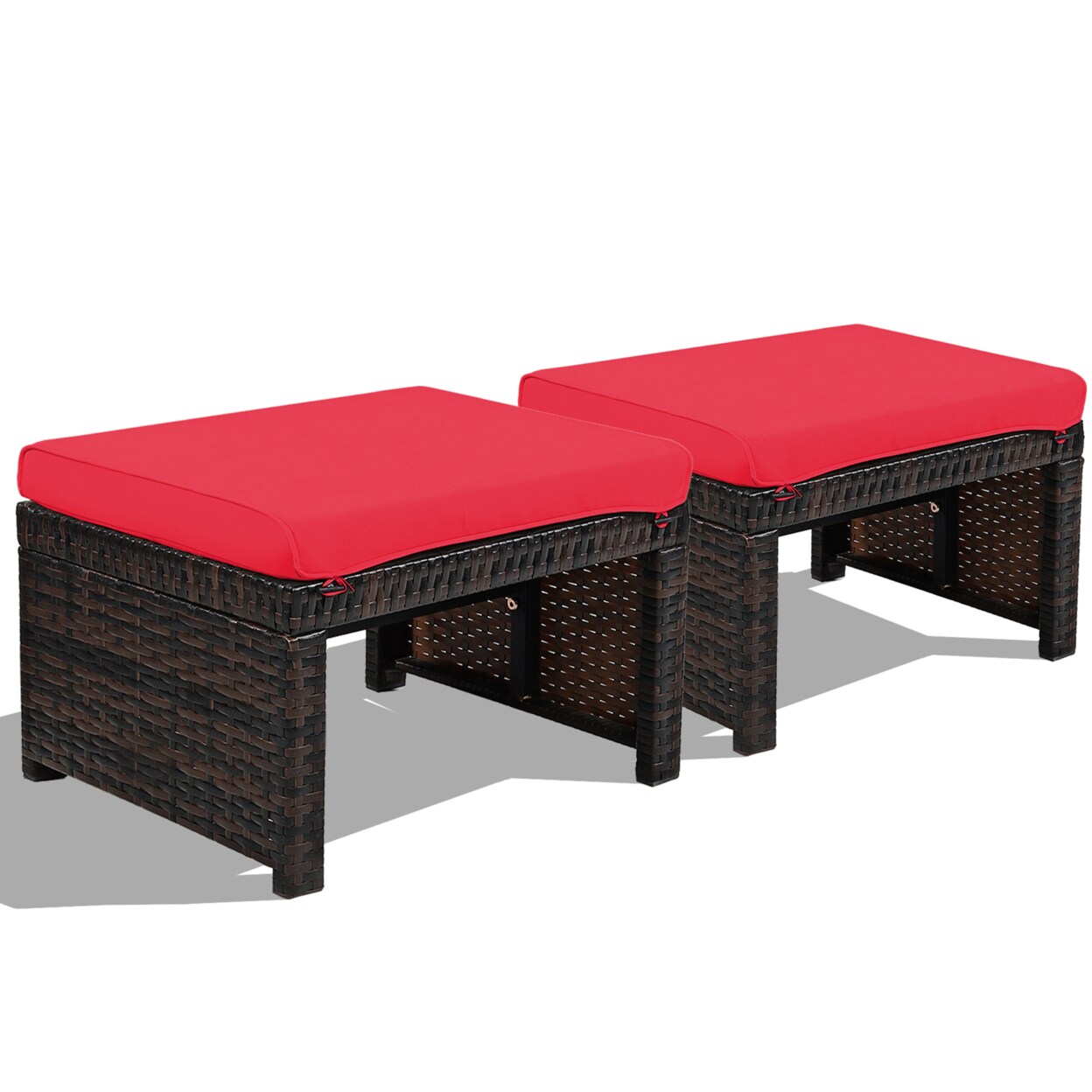 Gymax Set of 2 Rattan Ottoman Footrest Footstool Patio Furniture w/ Cushion
