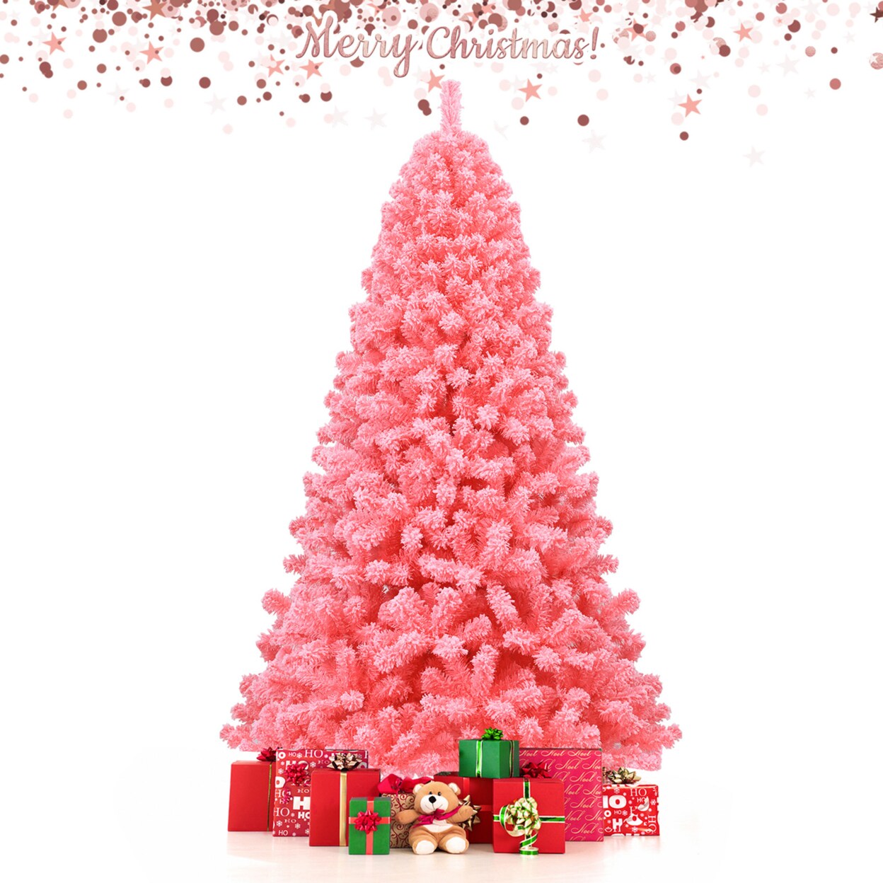 Gymax 4.5/6.5/7.5 FT Artificial Snow Flocked Pink Christmas Tree Unlit Xmas PVC Tree